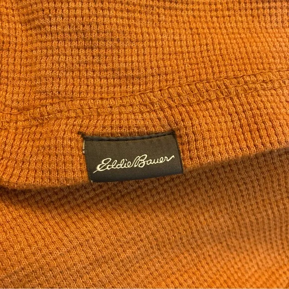 Eddie Bauer Mens L Burnt Orange Mustard Waffle knit 1/4 Button Long Sleeve Shirt - Picture 6 of 10